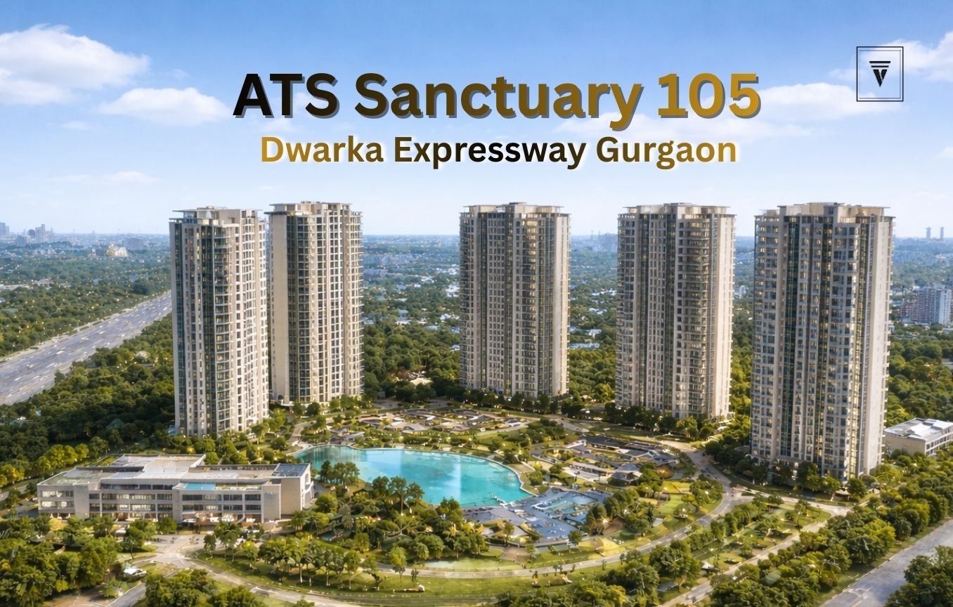 Luxury high-rise towers of ATS Sanctuary 105 Sector 105 Gurgaon with landscaped gardens and central pool near Dwarka Expressway in daytime view.