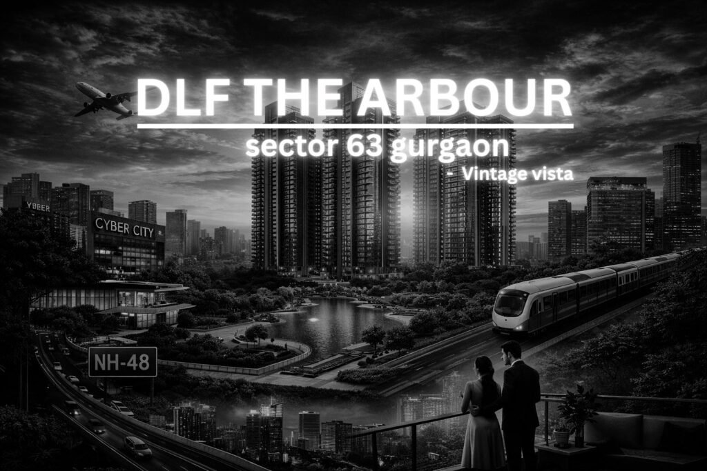 Black and white view of DLF The Arbour luxury residential towers in Sector 63 Gurgaon with city skyline, greenery, and modern infrastructure on Golf Course Extension Road