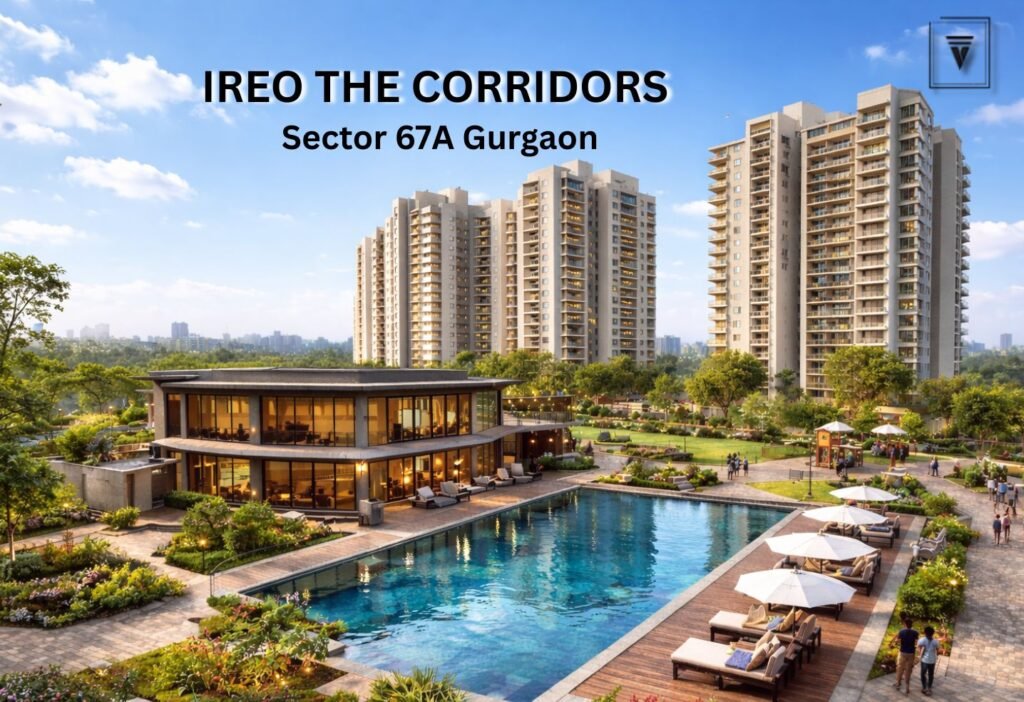 Ireo The Corridors luxury apartments in Sector 67A Gurgaon with modern high-rise towers, swimming pool, clubhouse and landscaped gardens in daytime