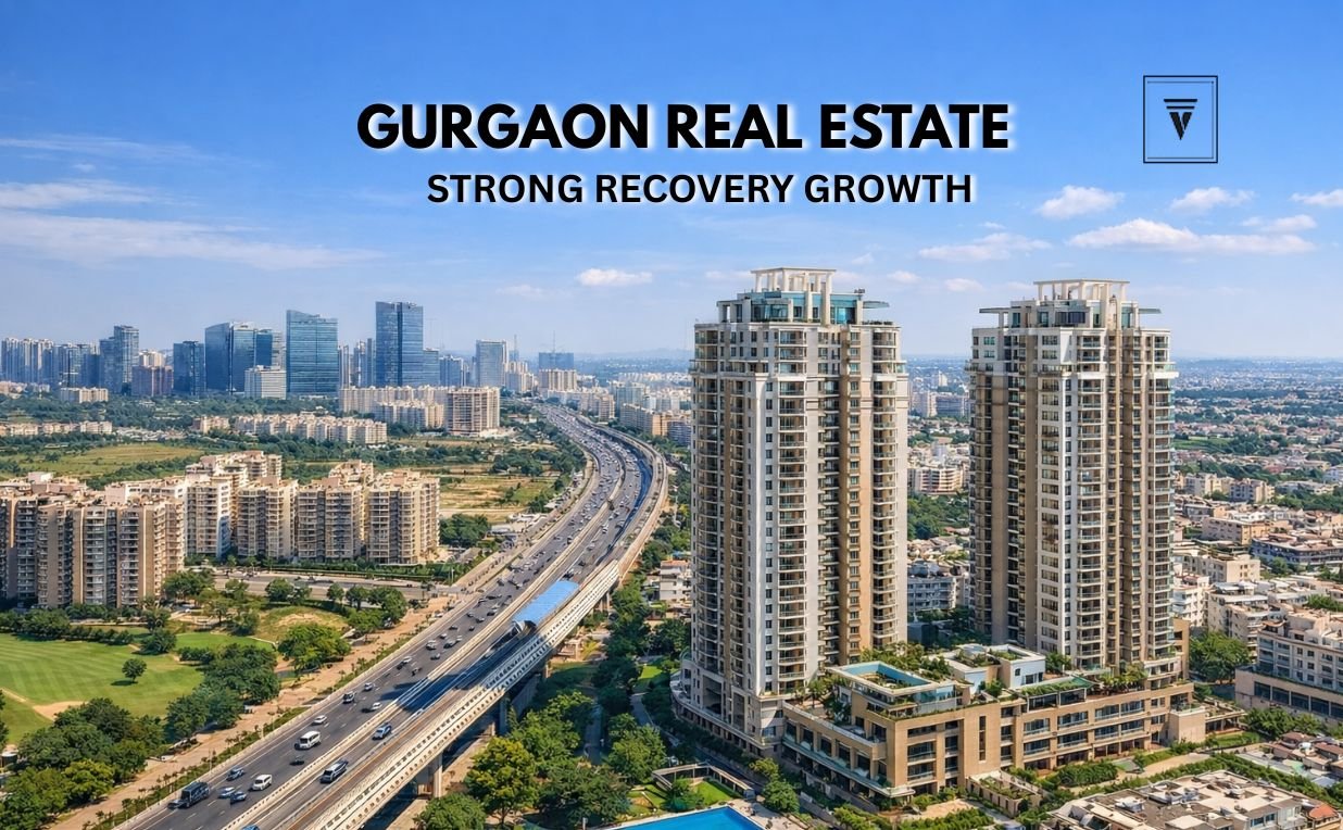 Gurgaon real estate market skyline with luxury residential towers and expressway during daytime