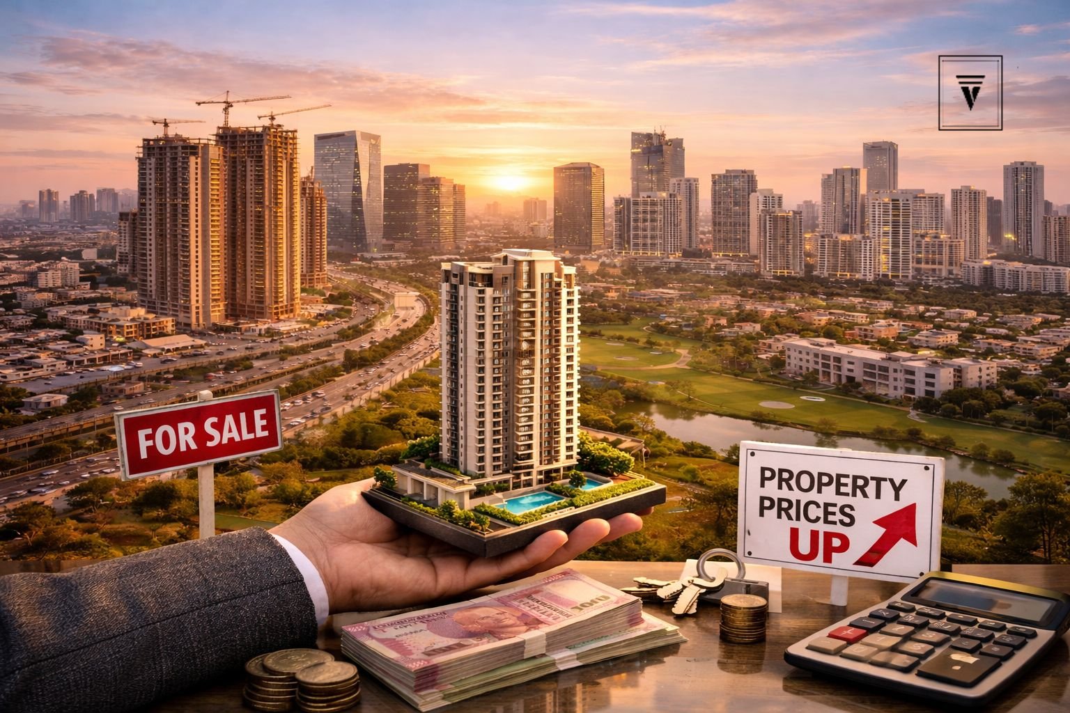 Gurgaon real estate skyline showing luxury high-rise apartments and rising property prices amid strong housing demand