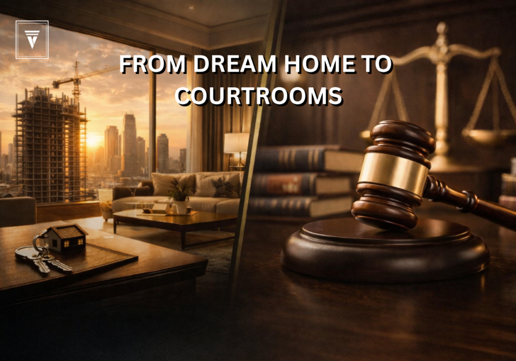 Luxury apartment and courtroom gavel representing India’s biggest real estate controversies and property fraud cases