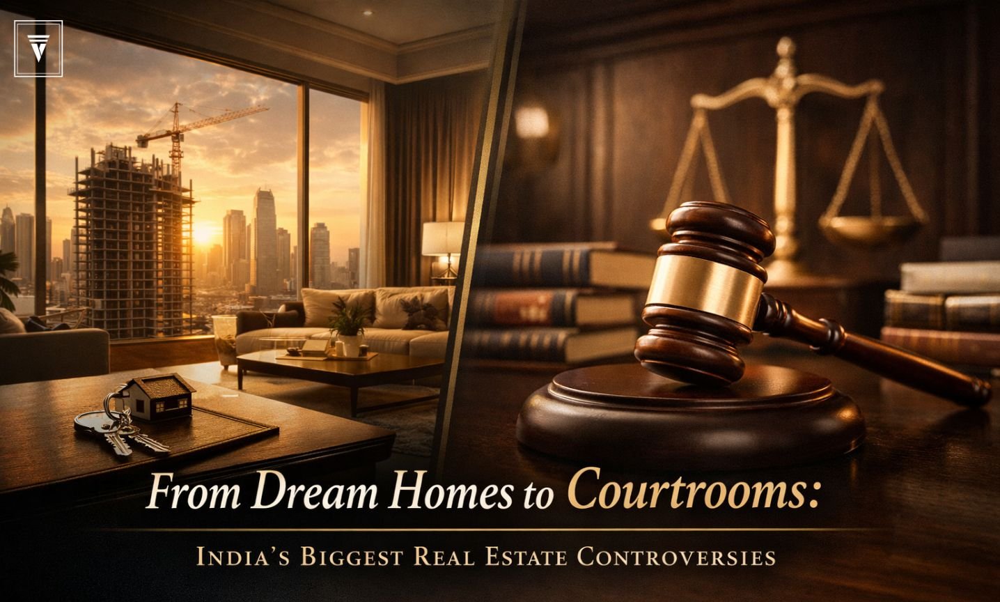 Luxury apartment and courtroom gavel representing India’s biggest real estate controversies and property fraud cases