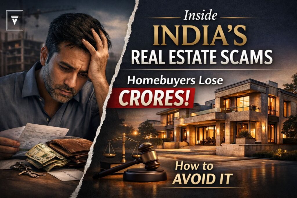 Man stressed over property documents and cash beside luxury house illustrating real estate scams in India