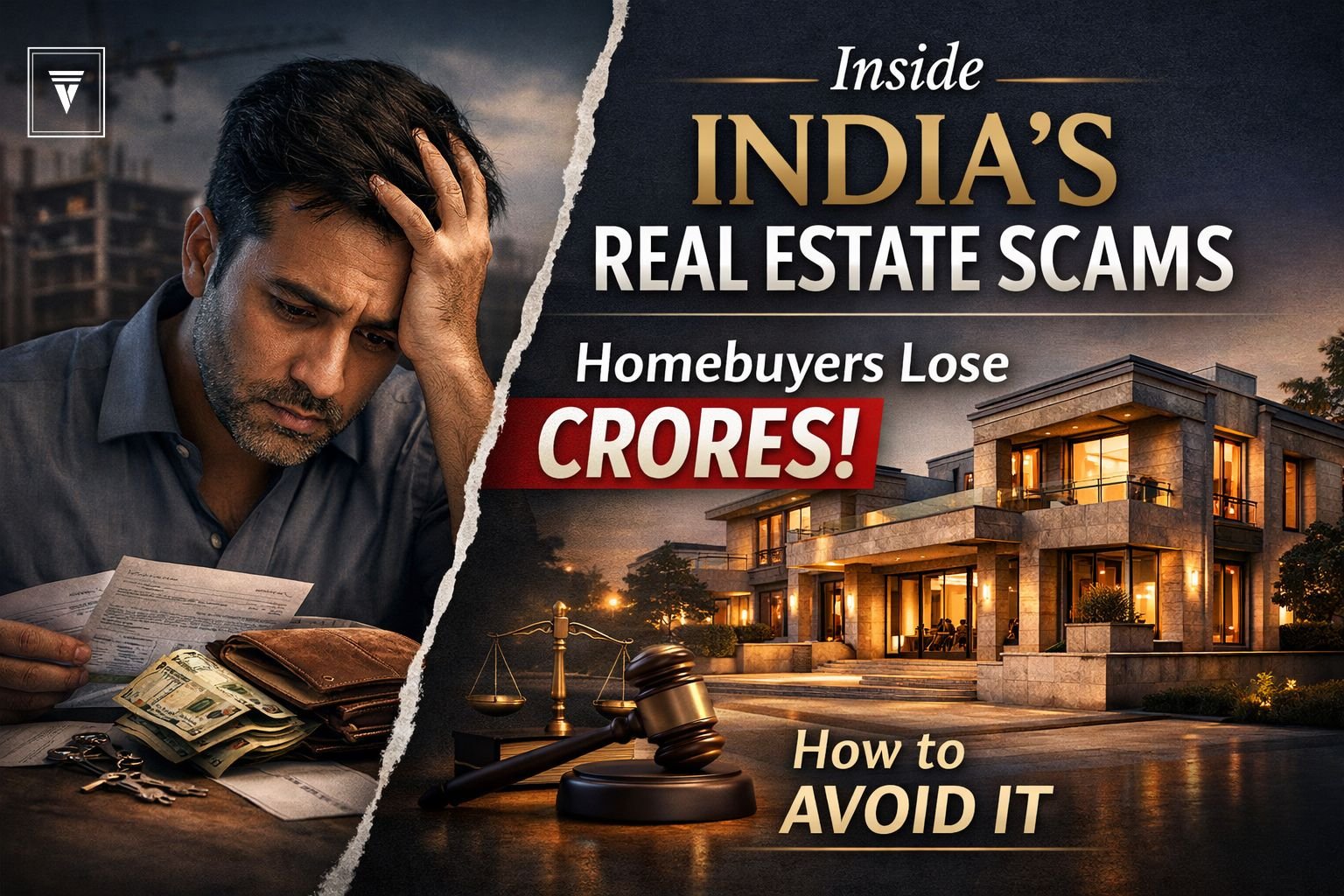 Man stressed over property documents and cash beside luxury house illustrating real estate scams in India