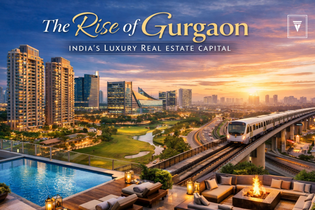 Luxury real estate skyline in Gurgaon with modern high-rise apartments, metro connectivity, and premium residential developments.