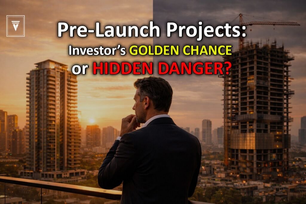 Investor analyzing pre-launch real estate project with under-construction and completed luxury buildings.