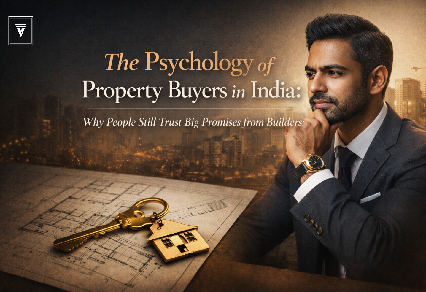 Premium thumbnail showing thoughtful Indian man with golden house key and blueprints, representing property buyers psychology in India