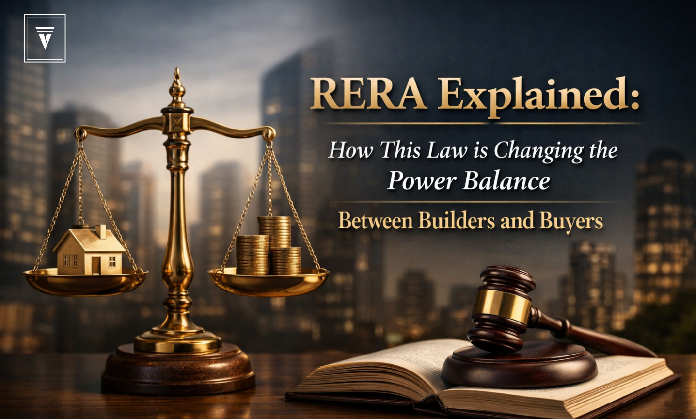 RERA Explained: Scales balancing a house and coins with law book and gavel, symbolizing fairness for builders and buyers in real estate