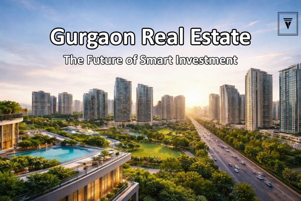 Modern Gurgaon skyline with luxury residential towers, green spaces, and highways showing real estate growth and investment potential