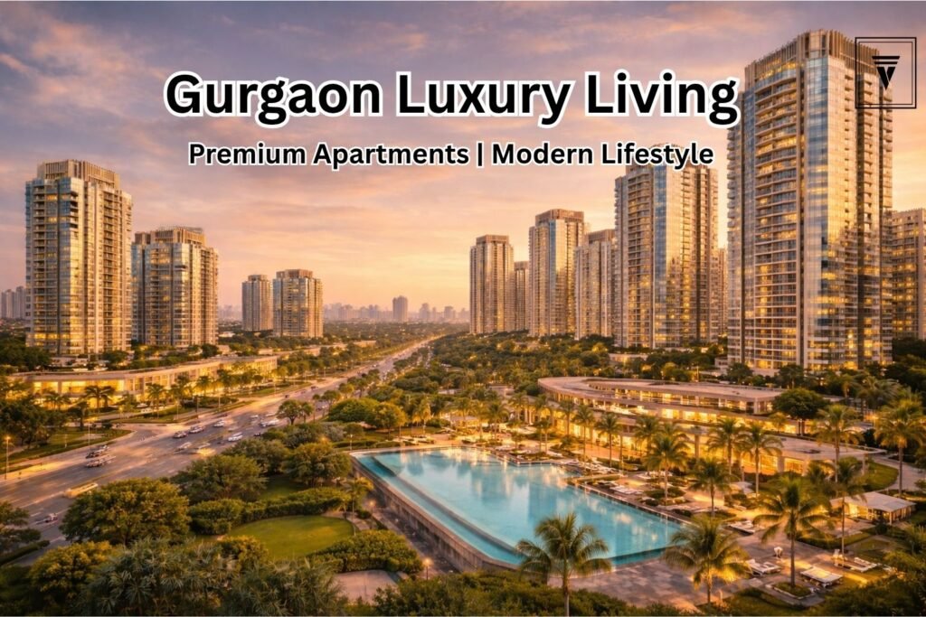 Luxury apartments in Gurgaon with modern high-rise buildings, landscaped gardens, and premium lifestyle amenities