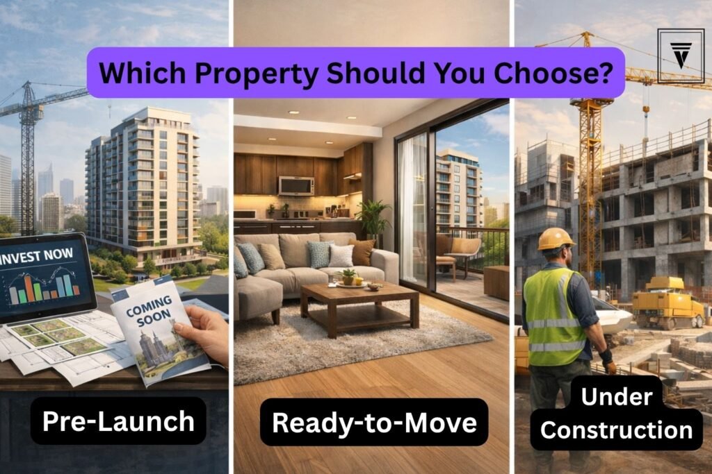 Pre-Launch vs Ready-to-Move vs Under-Construction properties comparison showing planning stage model, completed apartment, and construction site