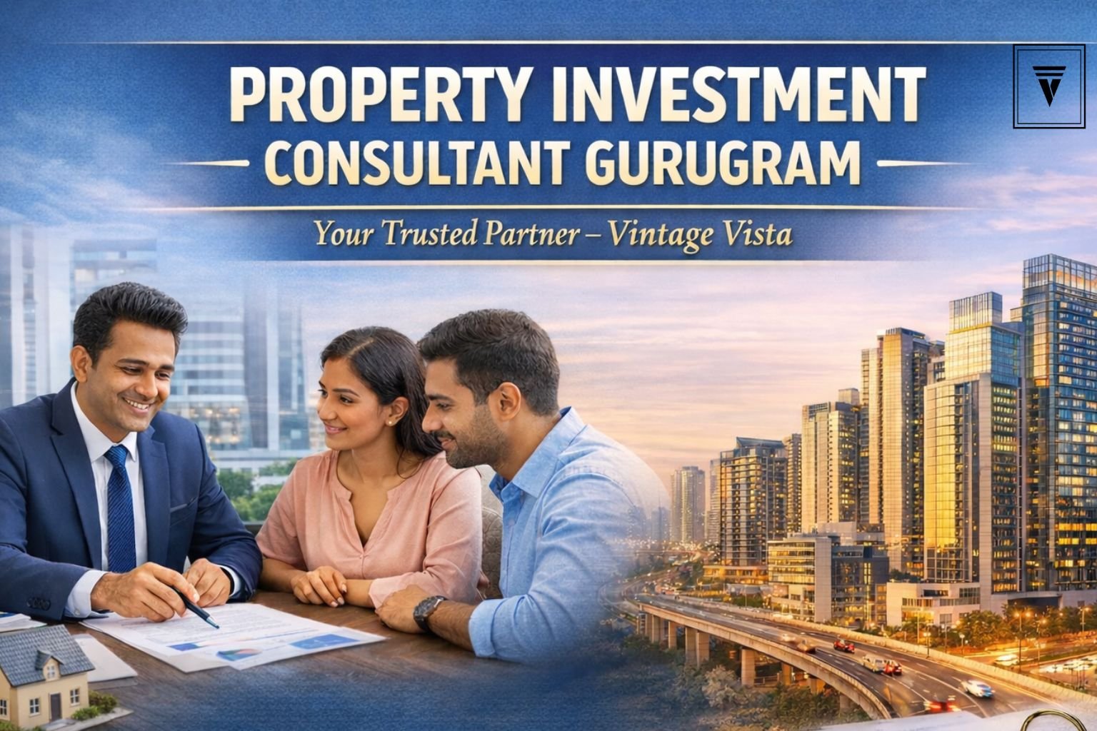 Property investment consultant in Gurugram discussing real estate opportunities with a couple, featuring modern Gurgaon skyline and premium property investment branding.