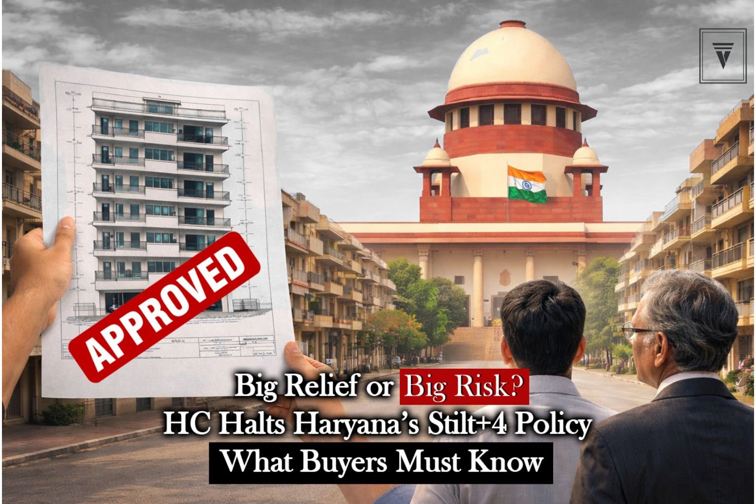 Two men reviewing stilt-plus-four building blueprint in Indian residential area with high court in background